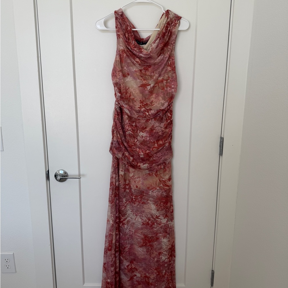 Elegant Red Floral Cowl Neck Evening Dress